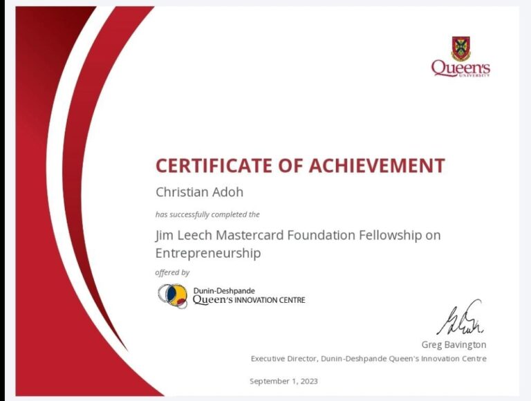 BIO PLANET TMC Ltd CEO, Christian Adoh has successfully completed the 2023 Jim Leech Mastercard Foundation Fellowship on Entrepreneurship