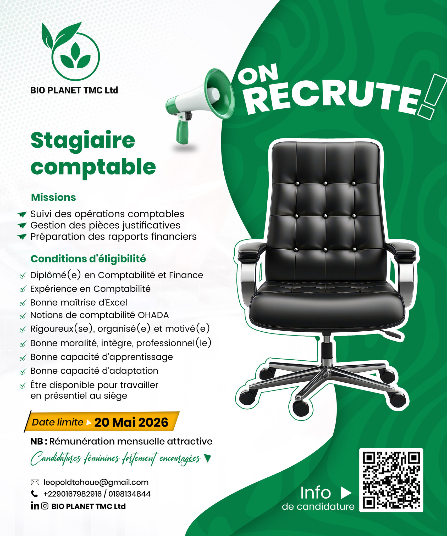 BIO PLANET TMC Sarl recrute un stagiaire comptable